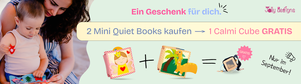 Wähle 2 Mini Quiet Books – dein Calmi Cube ist gratis.