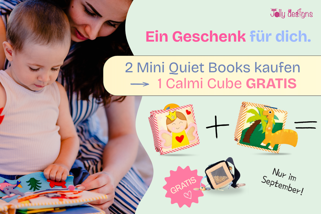 Wähle 2 Mini Quiet Books – dein Calmi Cube ist gratis.